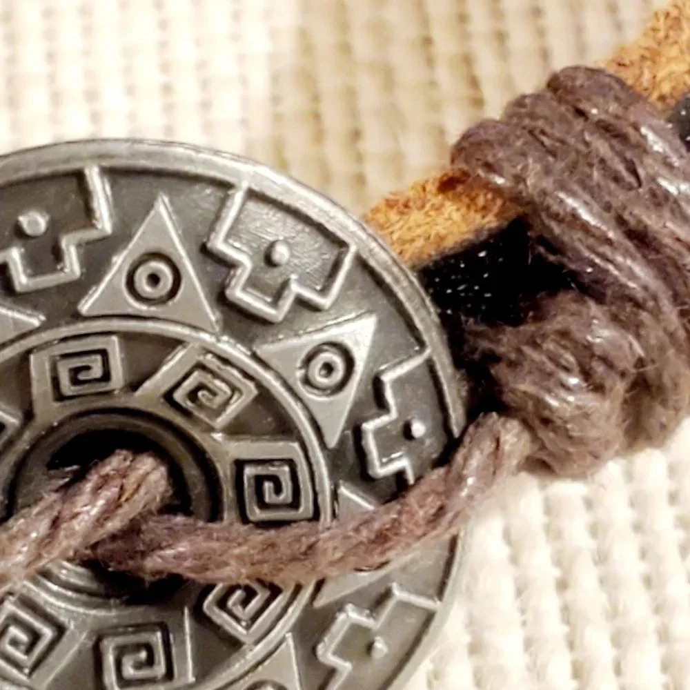 Aztec Sun Leather Cotton Bracelet Adjustable - Picture 3 of 6